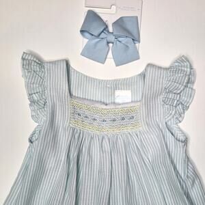 Edgehill Collection Blue Striped Smocked Dress & Bow Girl's Size 24 M NWT